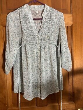 GEF France Green Gray Floral Smock Tunic Blouse Small